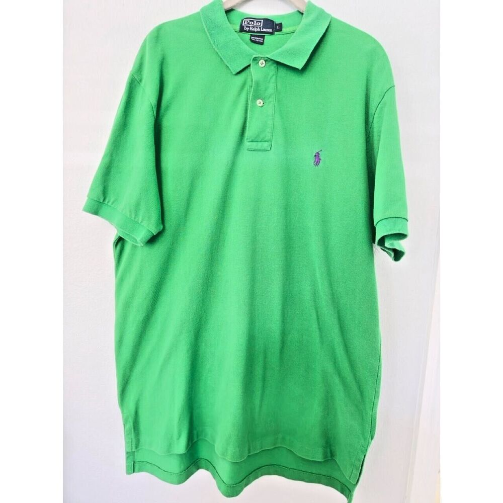 Ralph Lauren Polo Shirt Large 100% Cotton Green Shirt - Purple Logo